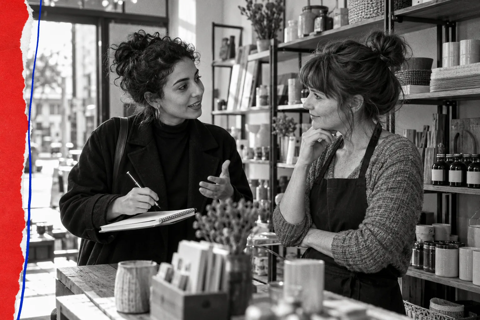 Une animatrice de réseau et une gérante échangent dans une boutique avant l’ouverture.