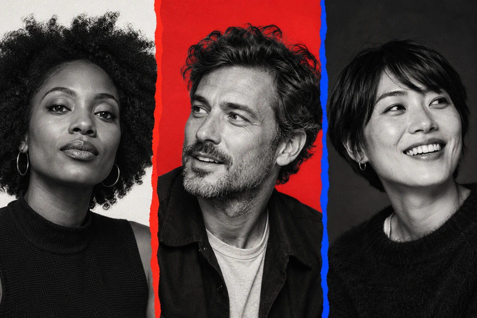 Trois visages expressifs de la campagne CrazyCom, en noir et blanc avec des découpes rouges et bleues.